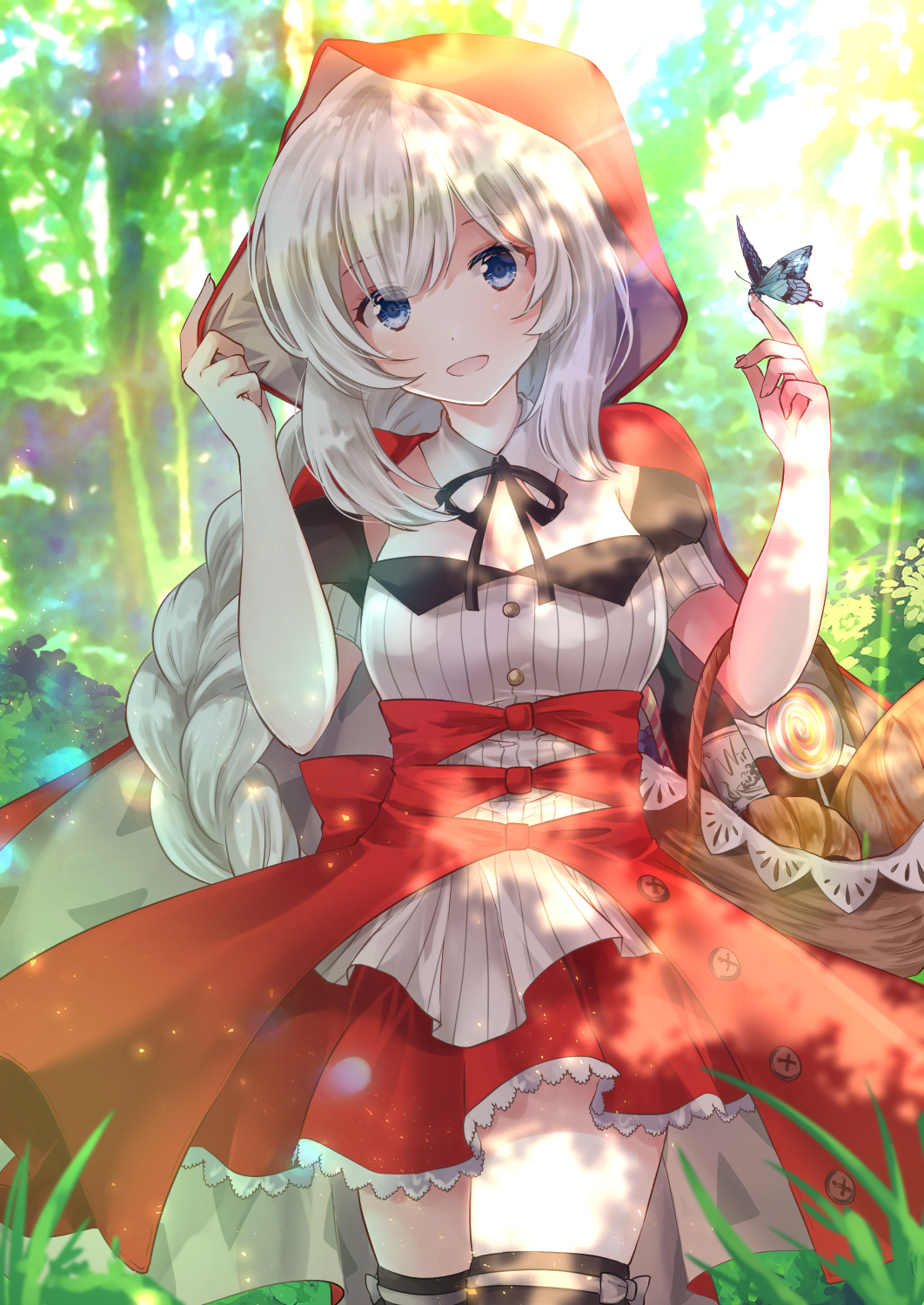 1girl :d animal animal_on_hand backlighting baguette bangs basket black_ribbon blue_eyes blurry blurry_background bottle braid bread breasts butterfly_on_finger butterfly_on_hand candy capelet commentary_request day depth_of_field eyebrows_visible_through_hair fate/grand_order fate_(series) food hands_up head_tilt highres hood hood_up hooded_capelet iroha_(shiki) lollipop long_hair looking_at_viewer marie_antoinette_(fate/grand_order) medium_breasts neck_ribbon open_mouth outdoors pleated_skirt red_capelet red_skirt ribbon shirt sidelocks silver_hair single_braid skirt smile solo swirl_lollipop very_long_hair white_shirt wine_bottle