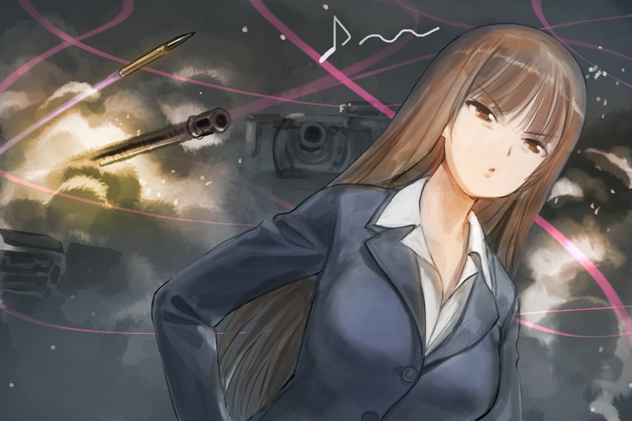 1girl a1 bangs black_jacket blunt_bangs brown_eyes brown_hair commentary dress_shirt dutch_angle eighth_note eyebrows_visible_through_hair formal frown girls_und_panzer glaring ground_vehicle half-closed_eyes jacket light_particles long_hair long_sleeves mature military military_vehicle motor_vehicle musical_note nishizumi_shiho parted_lips shirt smoke solo straight_hair tank tank_shell tracer_fire white_shirt