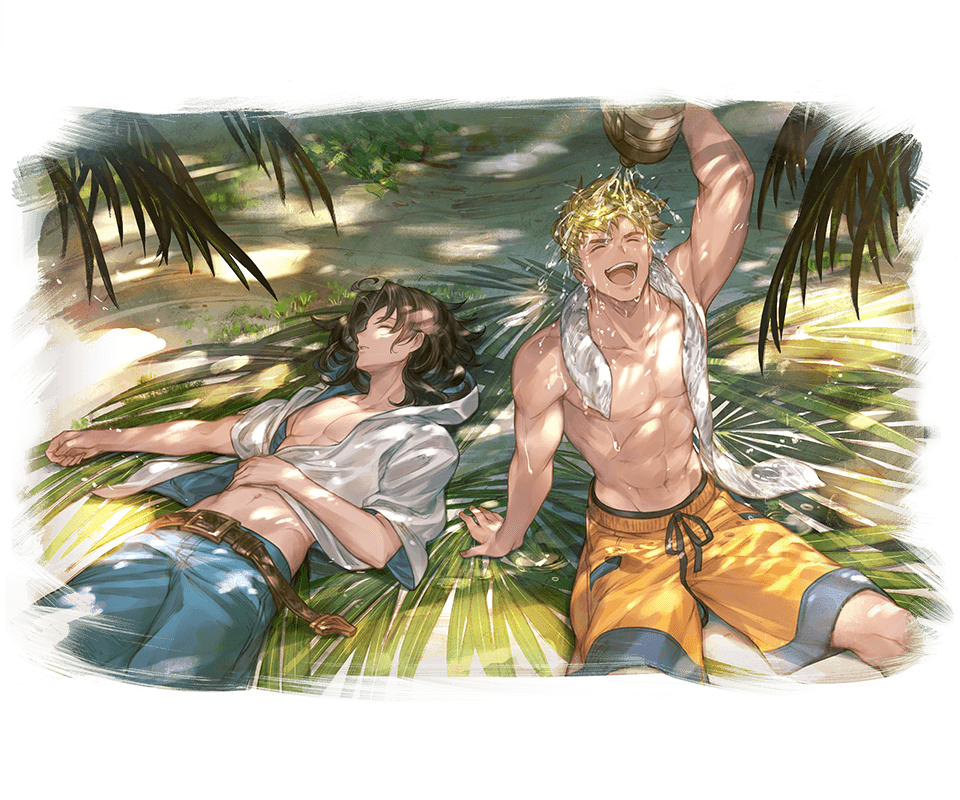 2boys alpha_transparency arm_support belt black_hair blonde_hair canister canteen closed_eyes granblue_fantasy hair_intakes holding jacket lancelot_(granblue_fantasy) male_focus minaba_hideo multiple_boys no_nipples official_art outdoors parted_lips sleeping smile towel towel_around_neck tree_shade vane_(granblue_fantasy) white_jacket