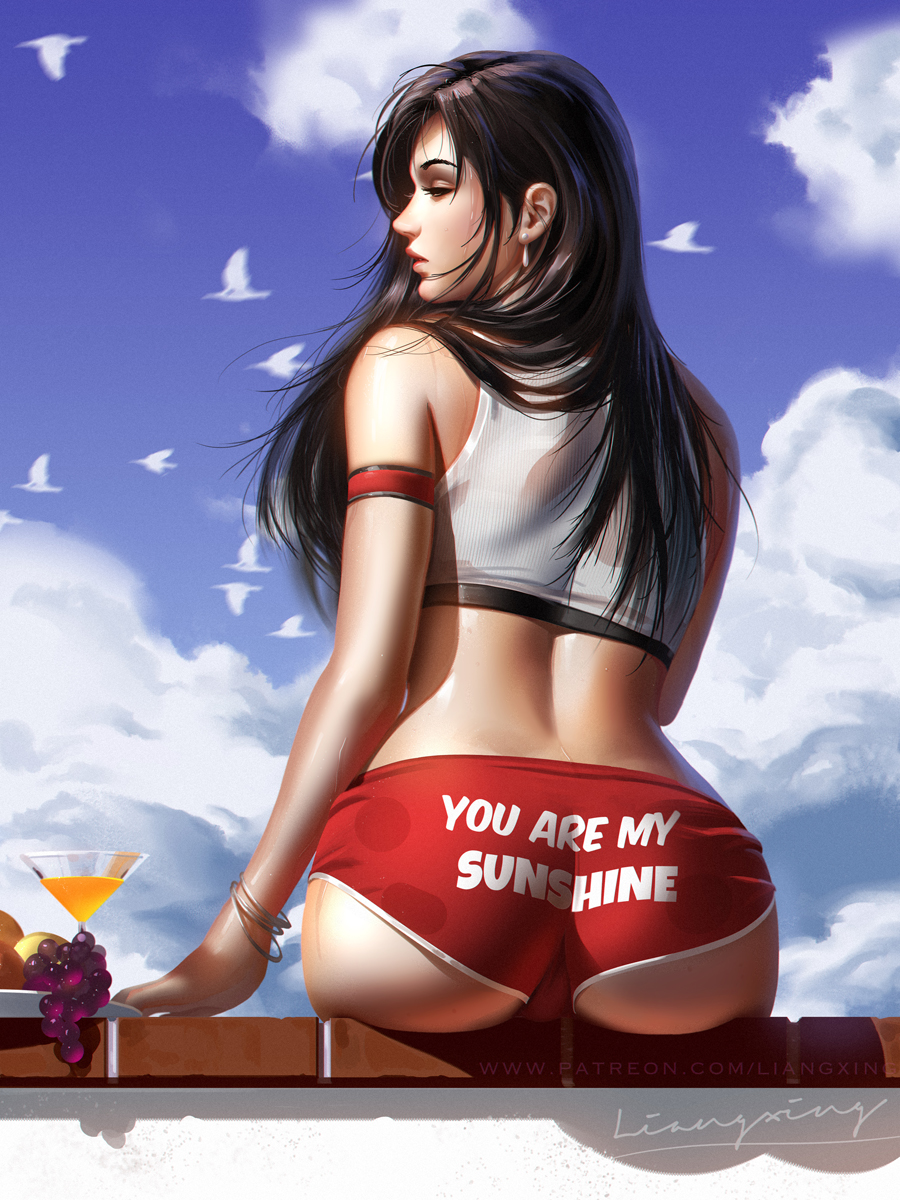 1girl arm_strap ass bangle bangs bare_shoulders bikini bird black_hair blue_sky blush bracelet breasts brown_eyes clothes_writing clouds cloudy_sky cocktail_glass cup day drink drinking_glass earrings final_fantasy final_fantasy_vii food from_behind fruit grapes half-closed_eyes highres jewelry large_breasts liang_xing long_hair looking_to_the_side makeup mascara on_wall outdoors patreon_username red_bikini sidelocks signature sitting skindentation sky solo swimsuit tankini tifa_lockhart trefoil watermark wet wet_clothes