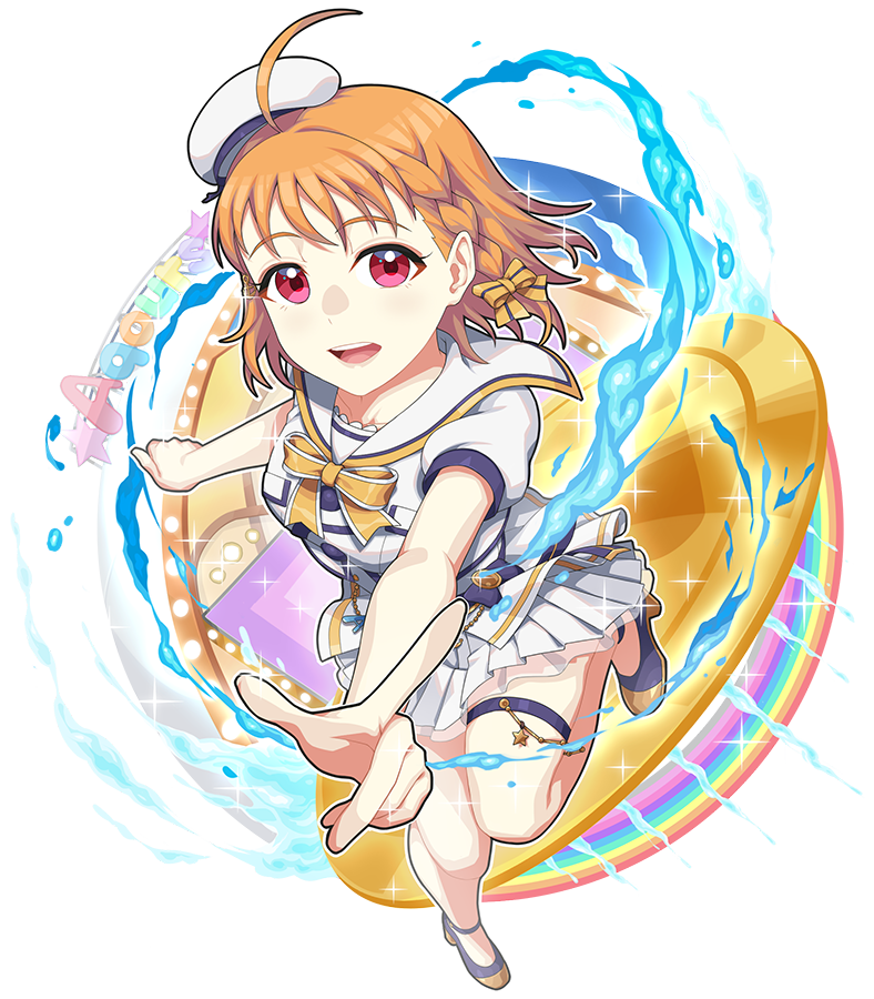 1girl ahoge bangs birthday braid breasts chu_kai_man commentary_request group_name hat looking_at_viewer love_live! love_live!_sunshine!! medium_breasts miniskirt orange_hair pointing red_eyes short_hair short_sleeves side_braid skirt solo takami_chika