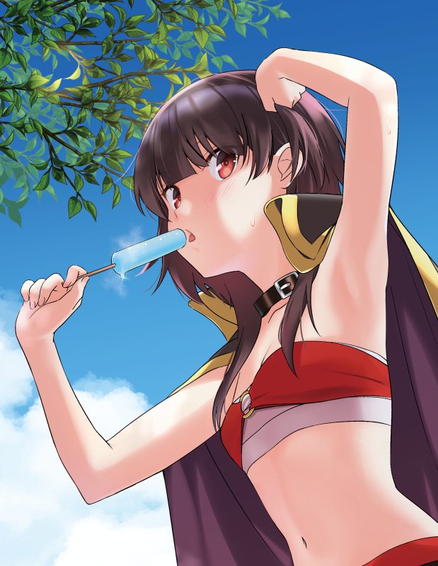 1girl armpits bandages bare_shoulders black_hair blush breasts cape choker eating food kono_subarashii_sekai_ni_shukufuku_wo! looking_at_viewer megumin misu_kasumi navel open_mouth popsicle red_eyes sarashi short_hair small_breasts solo thigh-highs whip