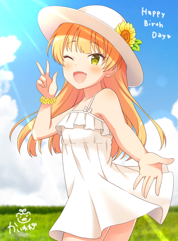 1girl ;d bangs bare_arms bare_shoulders blonde_hair blue_sky blurry blurry_background blush clouds commentary_request day depth_of_field dress eyebrows_visible_through_hair fang flower flower_bracelet flower_wreath green_eyes happy_birthday hat hat_flower idolmaster idolmaster_cinderella_girls jougasaki_rika kaiware-san long_hair one_eye_closed open_mouth outdoors signature sky sleeveless sleeveless_dress smile solo sun_hat sundress sunflower very_long_hair white_dress white_headwear yellow_flower
