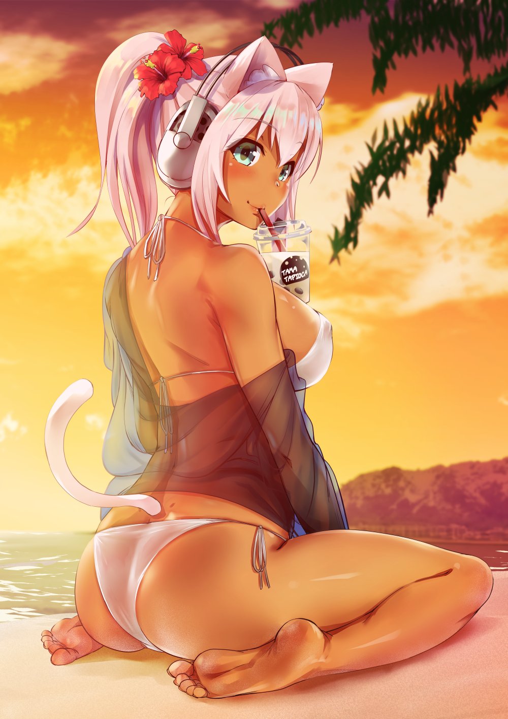 1girl animal_ears bikini blush breasts bubble_tea bubble_tea_challenge cat_ears cat_tail cup disposable_cup drink drinking drinking_straw feet ganari_ryuu green_eyes headphones headset highres large_breasts long_hair looking_at_viewer object_on_breast original pink_hair smile solo super_tama_musume swimsuit tail tamatoys tan