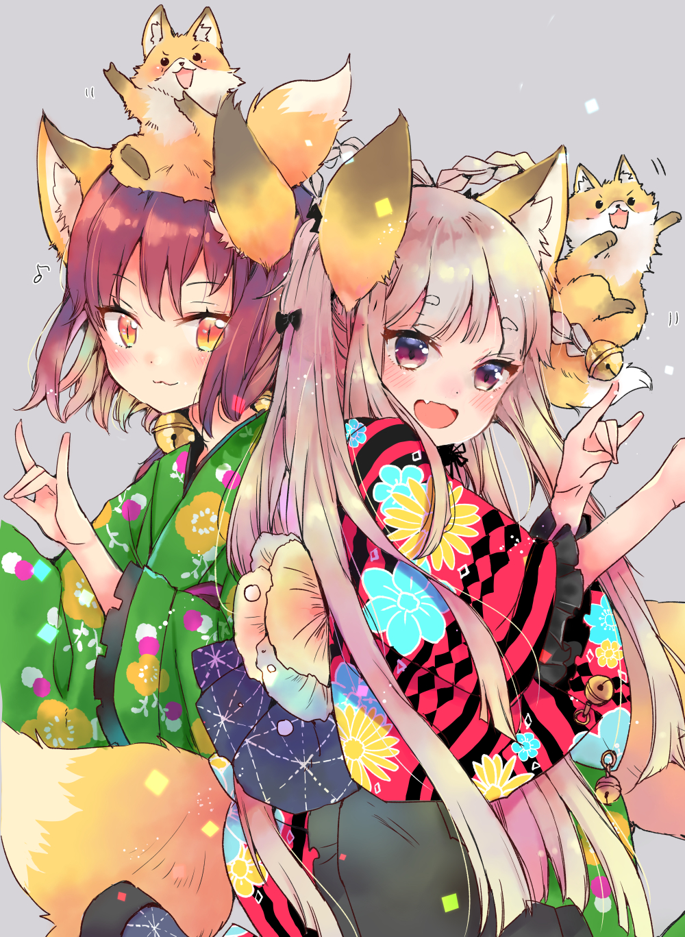 :3 :d \m/ animal_ears apron bell braid commentary_request fox fox_ears fox_girl fox_tail grey_background grey_eyes hair_ornament highres lolita_fashion long_hair looking_at_viewer mitoko_(kuma) one_side_up open_mouth orange_eyes original simple_background slit_pupils smile standing standing_on_one_leg tail wa_lolita