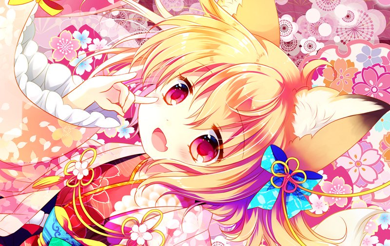 1girl :d animal_ear_fluff animal_ears bangs blonde_hair blue_bow bow commentary_request dutch_angle eyebrows_visible_through_hair fang fingernails floral_background floral_print fox_ears fox_shadow_puppet hair_between_eyes hair_bow hand_up japanese_clothes kimono long_hair long_sleeves looking_at_viewer obi open_clothes open_mouth original print_kimono red_kimono sakurazawa_izumi sash smile solo violet_eyes wide_sleeves