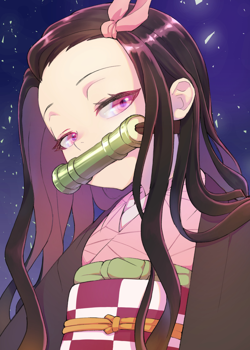 1girl bamboo bangs bit_gag black_hair bouhouji brown_hair checkered commentary_request forehead gag gradient_hair hair_ribbon highres japanese_clothes kamado_nezuko kimetsu_no_yaiba kimono long_hair looking_at_viewer looking_to_the_side multicolored_hair obi open_clothes parted_bangs pink_eyes pink_kimono pink_ribbon ribbon sash solo upper_body