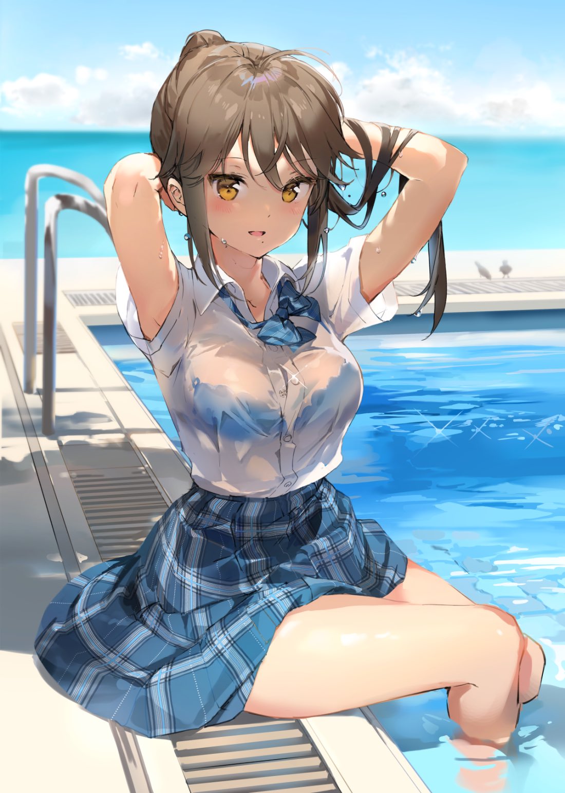 1girl anmi armpit_peek arms_behind_head arms_up bare_arms blue_bra blue_sky blurry bow bowtie bra brown_eyes brown_hair buttons collared_shirt day depth_of_field dress_shirt highres horizon long_hair looking_at_viewer mole mole_under_mouth ocean original outdoors parted_lips ponytail pool school_uniform see-through shirt shirt_tucked_in short_sleeves sidelocks sitting sky smile solo thighs underwear water white_shirt