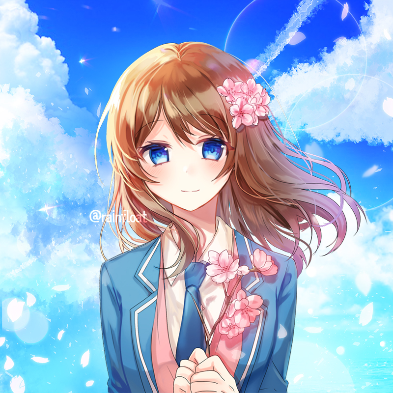 1girl 723/nanahumi anzu_(ensemble_stars!) bangs blazer blue_eyes blue_jacket blue_neckwear blue_sky blush branch brown_hair closed_mouth clouds cloudy_sky collared_shirt commentary_request day ensemble_stars! eyebrows_visible_through_hair flower hair_between_eyes hair_flower hair_ornament holding holding_branch jacket korean_commentary long_hair necktie open_blazer open_clothes open_jacket outdoors petals pink_flower shirt sky smile solo sweater_vest twitter_username white_shirt