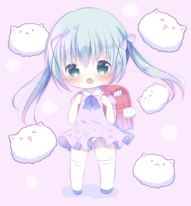 &gt;_&lt; 1girl :d angora_rabbit animal backpack bag bag_charm bangs bikini blue_bow blue_footwear blue_hair bow charm_(object) chibi closed_eyes collared_dress commentary_request dress eyebrows_visible_through_hair gochuumon_wa_usagi_desu_ka? green_eyes hair_between_eyes hair_bow hair_ornament hands_up holding_strap kafuu_chino long_hair open_mouth pink_background puffy_short_sleeves puffy_sleeves purple_bikini purple_dress rabbit randoseru rin_(fuwarin) shoes short_sleeves smile standing swimsuit thigh-highs tippy_(gochiusa) twintails very_long_hair white_legwear x_hair_ornament xd