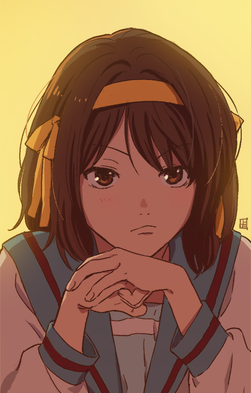 1girl a-ka blue_sailor_collar brown_eyes brown_hair closed_mouth commentary_request eyebrows_visible_through_hair hairband kita_high_school_uniform long_sleeves looking_at_viewer orange_hairband portrait sailor_collar school_uniform serafuku shirt short_hair simple_background solo suzumiya_haruhi suzumiya_haruhi_no_yuuutsu white_shirt yellow_background