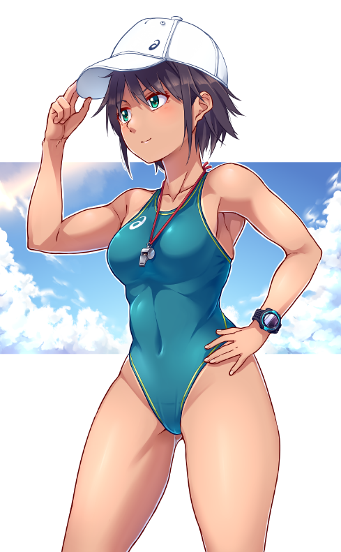 1girl asics baseball_cap black_hair blue_sky breasts clouds collarbone commentary_request competition_swimsuit covered_navel green_eyes green_swimsuit hand_on_hip hat highleg highleg_swimsuit logo medium_breasts mendou_saya one-piece_swimsuit original short_hair sky solo swimsuit watch watch whistle whistle_around_neck white_headwear