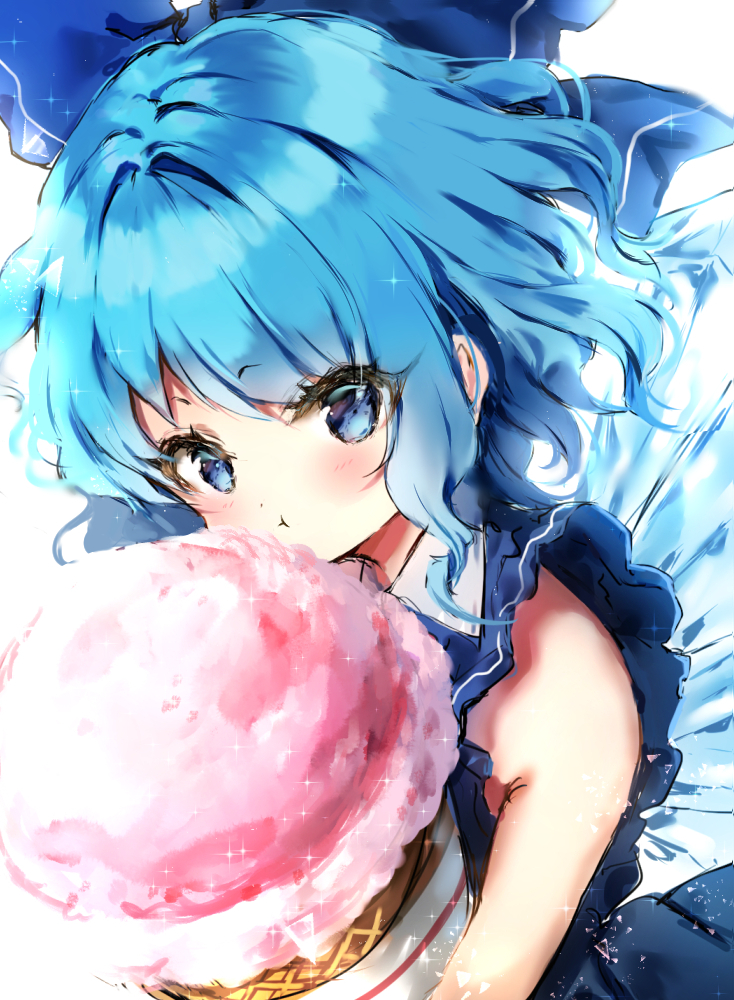 1girl :t bangs bare_shoulders blue_bow blue_dress blue_eyes blue_hair blush bow cirno commentary dress eyebrows_visible_through_hair food hair_bow hair_intakes holding holding_food ice ice_cream ice_cream_cone ice_wings light_particles looking_at_viewer piyokichi short_hair sidelocks simple_background sleeveless sleeveless_dress solo sparkle touhou upper_body white_background wings