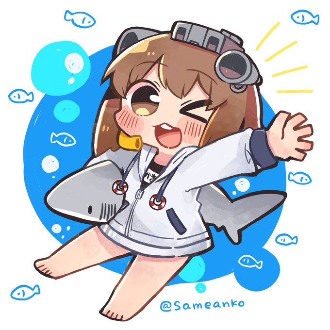 1girl barefoot black_swimsuit brown_eyes brown_hair chibi commentary_request full_body hood hooded_jacket hoodie ikea_shark jacket kantai_collection looking_at_viewer one_eye_closed open_mouth round_teeth same_anko school_swimsuit shark short_hair smile solo stuffed_animal stuffed_shark stuffed_toy swimsuit teeth upper_teeth white_jacket yukikaze_(kantai_collection)