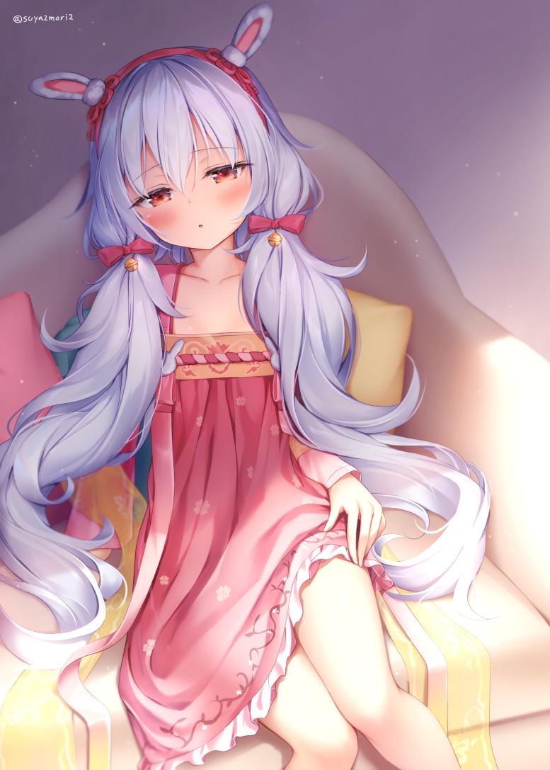 1girl :o animal_ears azur_lane bangs blush bow chinese_clothes couch dress eyebrows_visible_through_hair fan flower frilled_dress frills full_body hair_between_eyes hair_bow hairband hanfu holding holding_fan in_tree laffey_(azur_lane) laffey_(new_year_rabbit)_(azur_lane) long_hair long_sleeves low_twintails paper_fan parted_lips rabbit_ears red_bow red_dress red_eyes red_flower red_hairband see-through see-through_sleeves silver_hair sitting suya2mori2 tree twintails very_long_hair