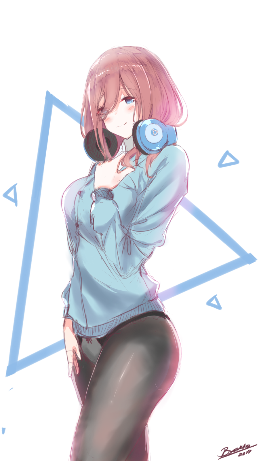 1girl artist_name blue_eyes blue_sweater blush breasts brown_hair byakko_(b7akko) closed_mouth eyebrows_visible_through_hair eyes_visible_through_hair go-toubun_no_hanayome hair_between_eyes headphones headphones_around_neck highres large_breasts looking_at_viewer nakano_miku no_pants number panties panties_under_pantyhose pantyhose signature sketch smile solo sweater underwear