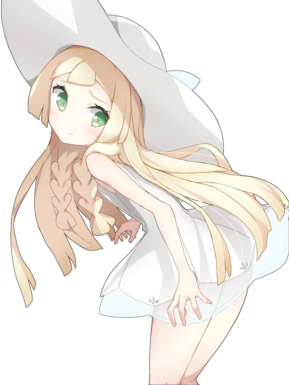 blonde_hair dress green_eyes highres lillie_(pokemon) pokemon pokemon_(game) pokemon_sm white_dress white_headwear