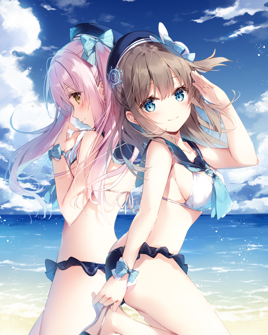 2girls back-to-back bare_arms bare_shoulders beret blue_bow blue_eyes blue_headwear blue_neckwear blue_sailor_collar blue_sky bow breasts brown_eyes brown_hair bunny_hair_ornament clouds cloudy_sky collarbone commentary_request day floating_hair from_side hair_bow hair_ornament hand_up hat horizon leg_up long_hair looking_at_viewer looking_to_the_side medium_breasts mochizuki_shiina multiple_girls ocean original pink_hair profile sailor_bikini sailor_collar salute sandals sidelocks sky smile stomach thighs twintails water white_bow