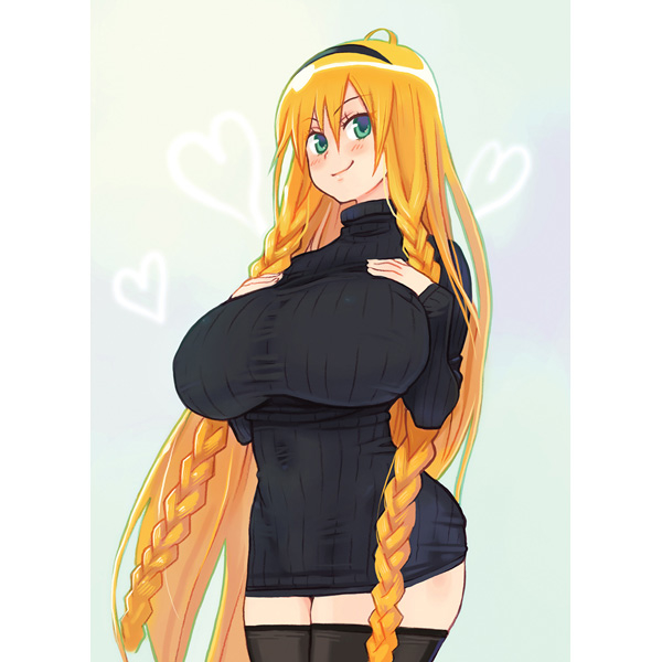 1girl black_legwear blonde_hair blush braid breast_suppress breasts cowboy_shot end_breaker! green_eyes hairband heart huge_breasts long_hair long_sleeves looking_at_viewer official_art ribbed_sweater ryoji_(nomura_ryouji) smile solo sweater thigh-highs turtleneck turtleneck_sweater twin_braids very_long_hair