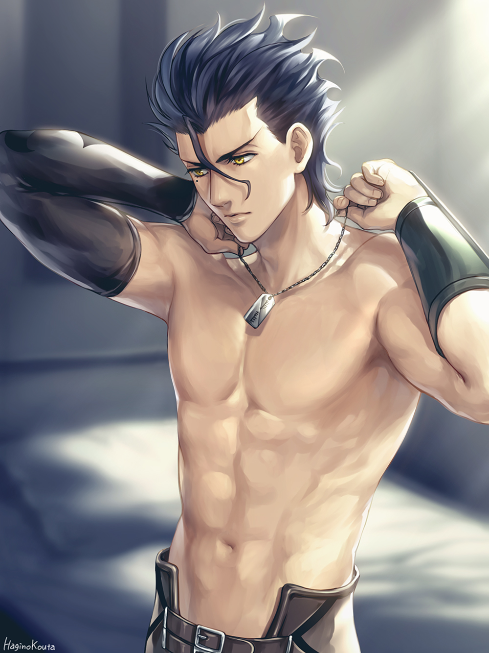 1boy abs arm_guards bangs bed black_hair black_sleeves blurry blurry_background brown_pants chest collarbone commentary_request depth_of_field detached_sleeves diarmuid_ua_duibhne_(fate/grand_order) fate/grand_order fate/zero fate_(series) fingernails hagino_kouta hair_between_eyes highres indoors lancer_(fate/zero) long_sleeves looking_away male_focus mole mole_under_eye muscle pants pillow revision shirtless signature single_detached_sleeve solo upper_body v-shaped_eyebrows yellow_eyes