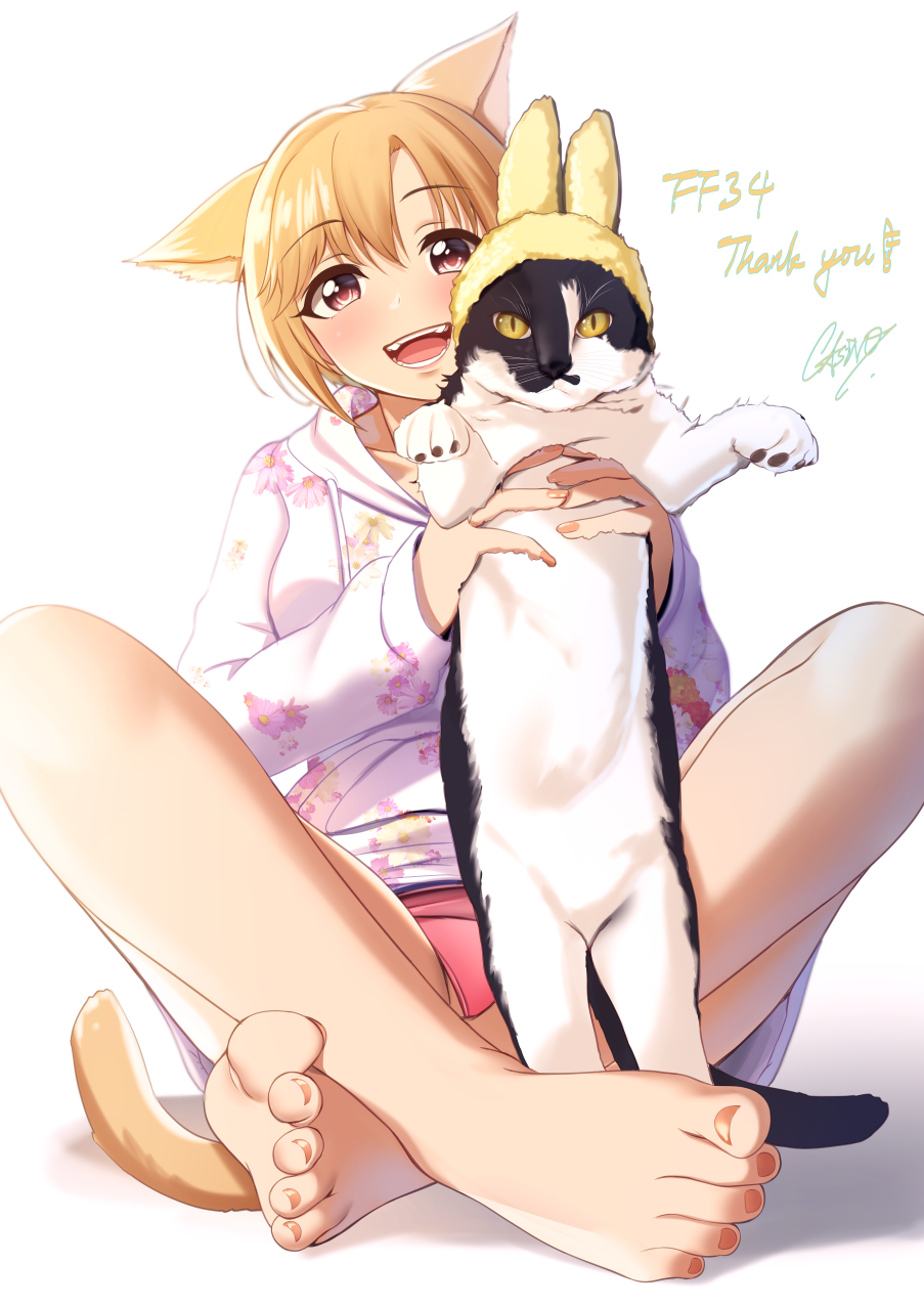 1girl aiba_yumi animal animal_ears bangs bare_legs barefoot blonde_hair brown_eyes brown_nails casino_(casinoep) cat cat_ears cat_tail commentary_request eyebrows_visible_through_hair floral_print highres holding holding_animal hood hoodie idolmaster idolmaster_cinderella_girls looking_at_viewer open_mouth panties pink_panties short_hair simple_background sitting smile tail thank_you underwear white_background white_hoodie