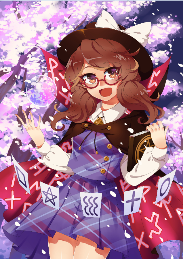 1girl :d bangs black_cape black_headwear book bow breasts brown_eyes brown_hair cape card cherry_blossoms cowboy_shot eyebrows_visible_through_hair fedora glasses hands_up hat hat_bow high_collar holding holding_book long_hair long_sleeves looking_at_viewer low_twintails miniskirt occult_ball open_mouth petals plaid plaid_skirt plaid_vest pleated_skirt purple_skirt purple_vest red-framed_eyewear shirt skirt skirt_set small_breasts smile solo standing touhou tree twintails usami_sumireko vest white_bow white_shirt wuxu_you_de_zuobiao
