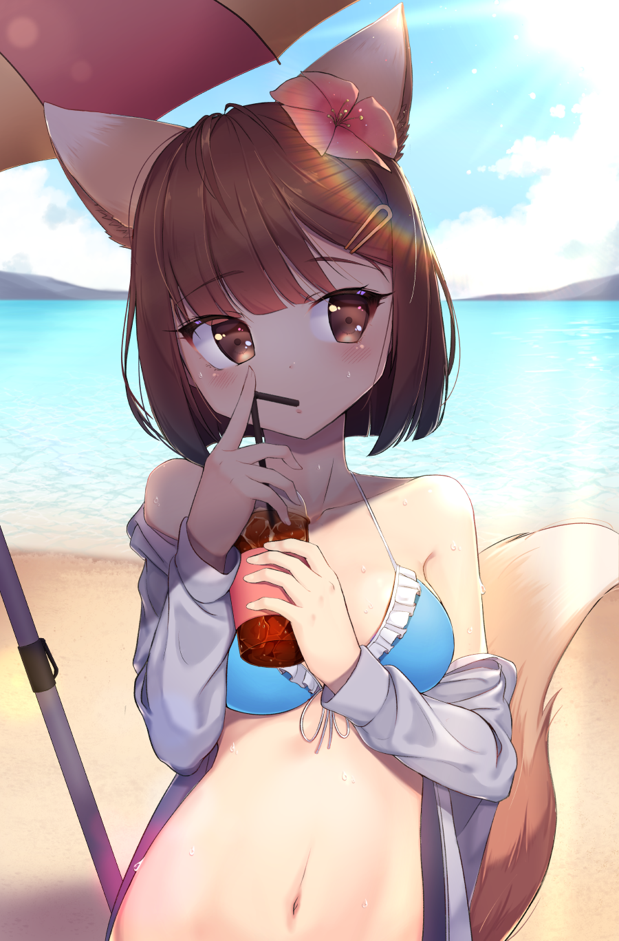 1girl animal_ears bangs bare_shoulders bikini blue_bikini blush breasts brown_eyes brown_hair commentary day drinking drinking_straw eyebrows_visible_through_hair flower fox fox_tail hair_flower hair_ornament hairclip highres jacket medium_breasts navel off-shoulder_jacket off_shoulder original outdoors raizen_(jung_0000) red_flower short_hair solo sun swimsuit tail umbrella upper_body