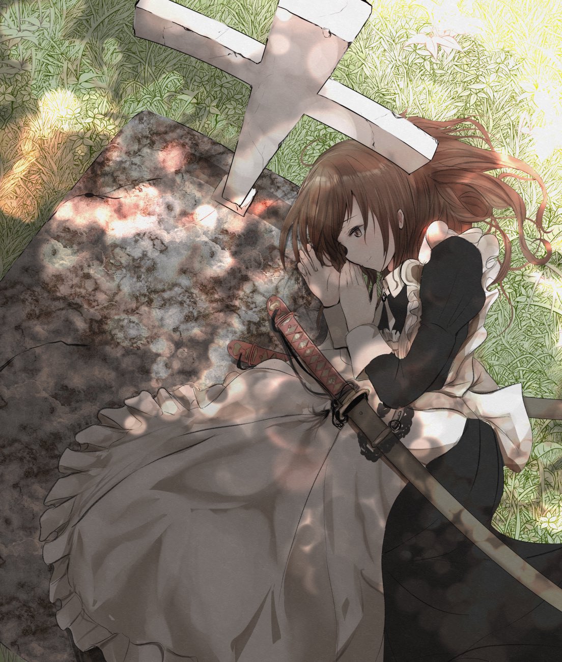 1girl apron black_dress brown_hair check_commentary commentary commentary_request cross day dress frilled_apron frills grass grave highres katana long_sleeves lying maid_apron medium_hair on_ground on_side original sheath sheathed solo sunlight sword take_(trude1945oneetyan) tombstone weapon white_apron yellow_eyes