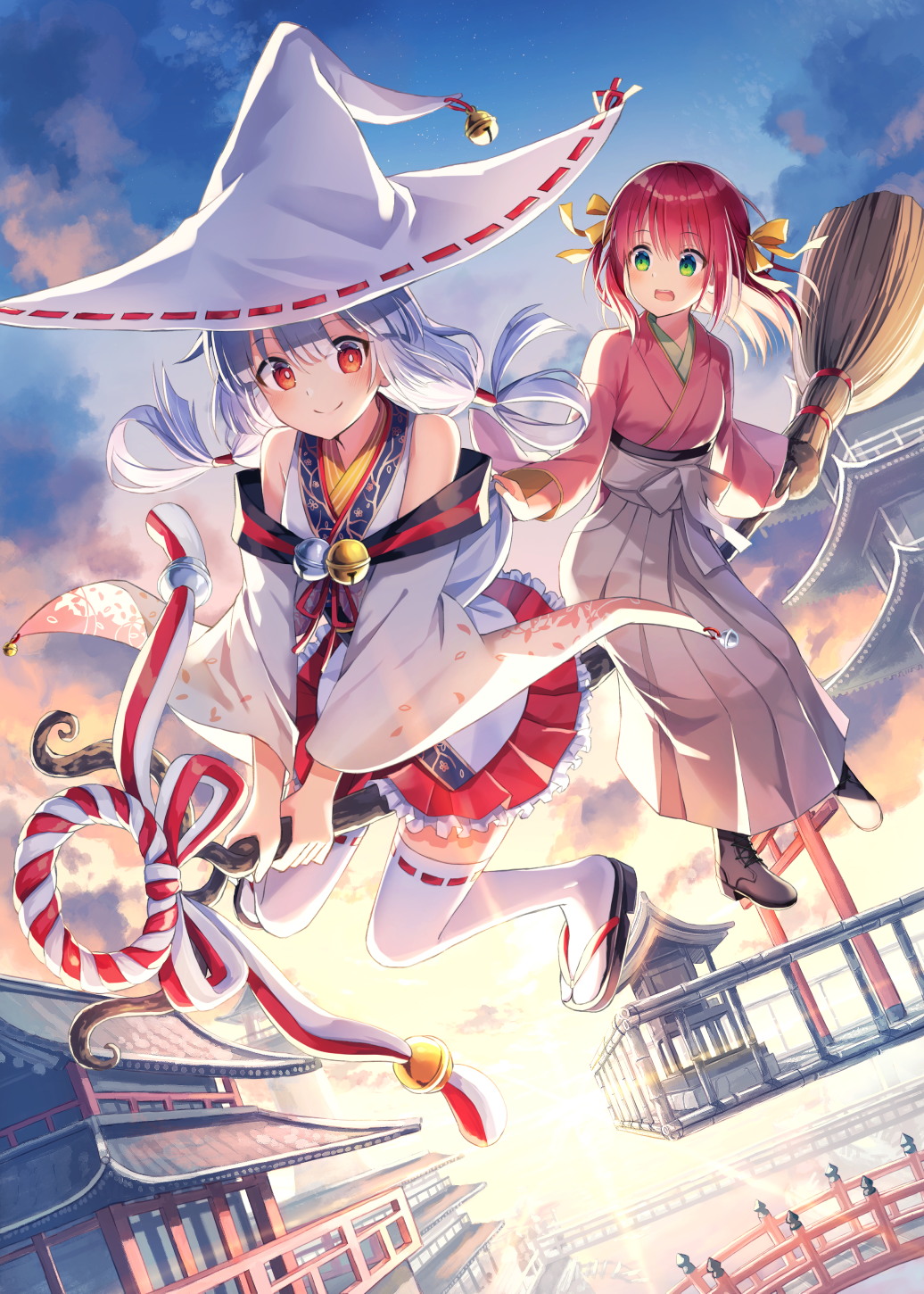 2girls architecture bell bow broom broom_riding clouds cloudy_sky commentary_request detached_sleeves east_asian_architecture green_eyes hair_bow hair_ribbon hair_tubes hakama hat highres japanese_clothes long_hair looking_at_viewer low_twintails multiple_girls nonono original pleated_skirt red_eyes redhead ribbon silver_hair skirt sky smile sunrise thigh-highs twintails white_legwear witch_hat zettai_ryouiki