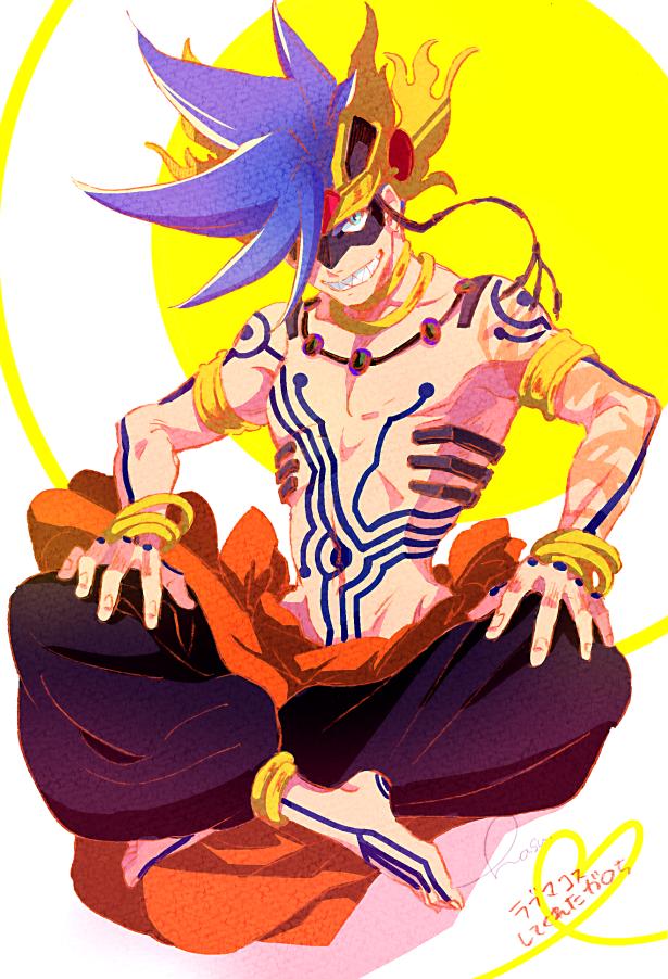 1boy bangle blue_hair body_markings bracelet cosplay crown domino_mask full_body_tattoo galo_thymos grin indian_style jewelry love_machine love_machine_(cosplay) male_focus mask navel no_nipples promare puffy_pants sharp_teeth shirtless sitting smile solo spiky_hair summer_wars tattoo teeth