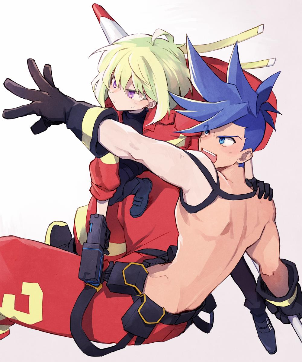 2boys baggy_pants black_gloves blue_eyes blue_hair chest galo_thymos gloves green_hair half_gloves highres jacket lio_fotia male_focus multiple_boys open_mouth outstretched_arm pants promare shirtless short_hair smile soto spiky_hair violet_eyes