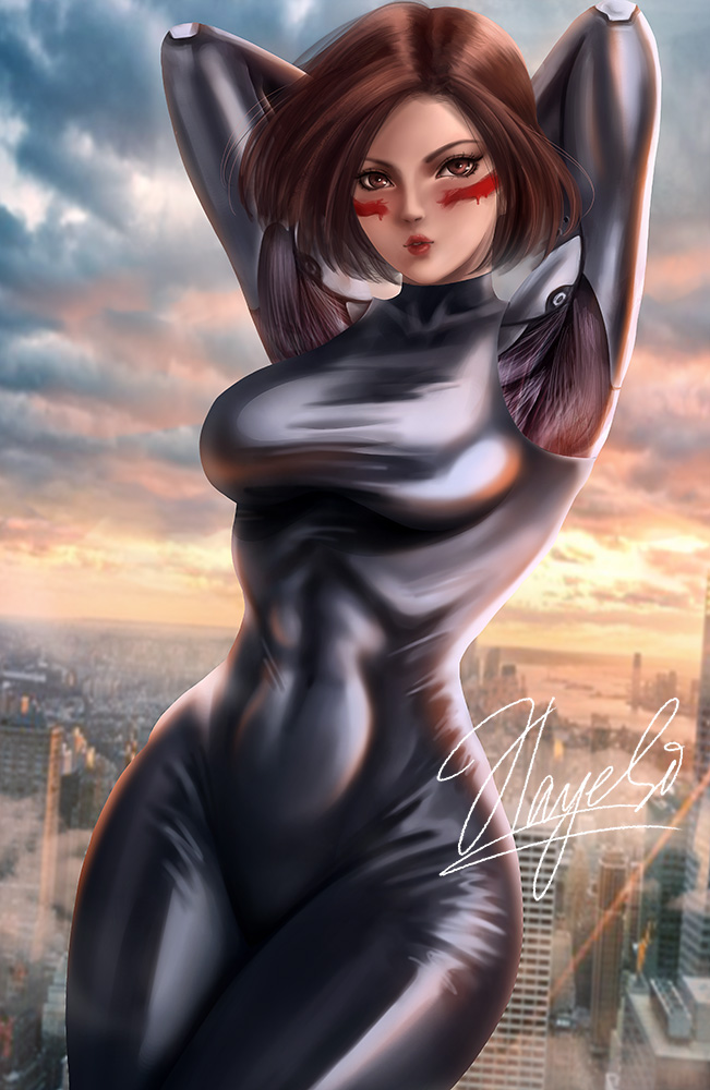 1girl armpits arms_up backlighting black_bodysuit black_hair bodysuit breasts brown_eyes brown_hair cityscape covered_navel curvy cyberpunk cyborg dusk facepaint gally gunnm irina_hayes lips looking_at_viewer mechanical_arm medium_breasts puckered_lips robot_joints short_hair signature skin_tight solo taut_bodysuit taut_clothes toned
