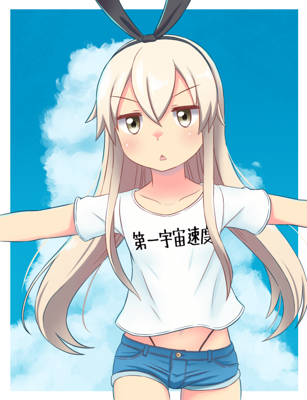 1girl alternate_costume blue_sky casual clouds cloudy_sky collarbone commentary_request contemporary cosplay hairband highres kantai_collection light_brown_eyes light_brown_hair long_hair looking_at_viewer navel outstretched_arms shimakaze_(kantai_collection) shirt short_shorts shorts sky solo spread_arms translated triangle_mouth tsukemon white_shirt