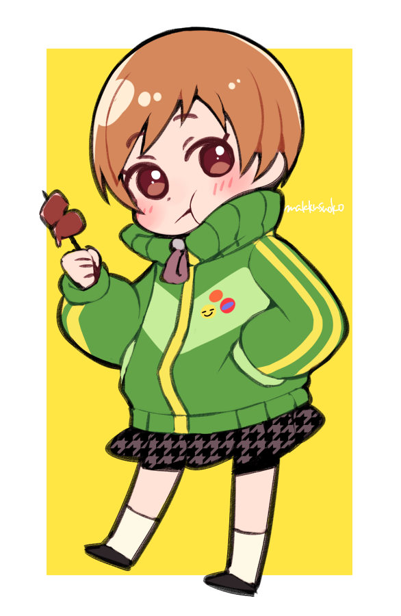 1girl :t atlus badge blush border brown_eyes brown_hair button_badge chewing closed_mouth do_m_kaeru eating eyebrows_visible_through_hair food full_body green_jacket hand_in_pocket holding holding_food houndstooth jacket looking_at_viewer megami_tensei moe persona persona_4 satonaka_chie school_uniform short_hair signature skirt solo tomboy track_jacket two-tone_background unmoving_pattern white_border yasogami_school_uniform yellow_background