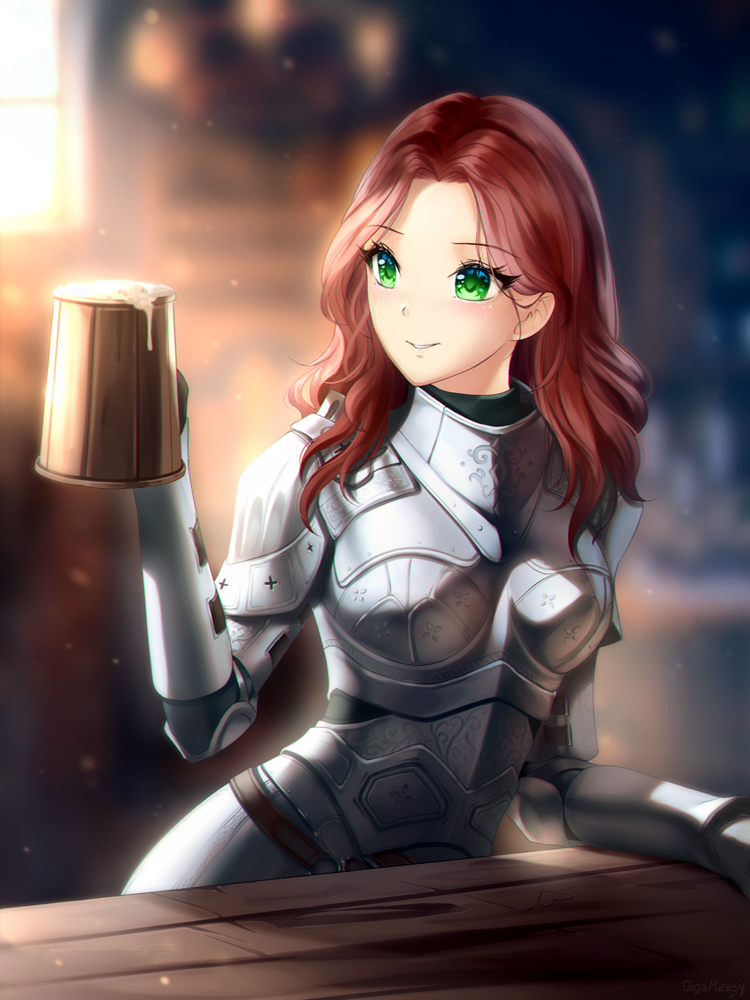 1girl alcohol armor beer beer_mug commentary eyebrows_visible_through_hair eyes_visible_through_hair fantasy gigamessy green_eyes looking_to_the_side original plate_armor redhead smile solo