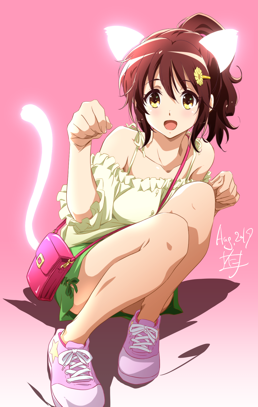 1girl animal_ears bag bare_shoulders brown_hair casual collarbone commentary_request dated flower green_skirt hair_flower hair_ornament hairclip handbag hibike!_euphonium high_ponytail highres looking_at_viewer medium_hair miniskirt nii_manabu open_clothes oumae_kumiko pink_background pink_footwear shoes signature skirt sneakers solo spaghetti_strap squatting tail yellow_eyes