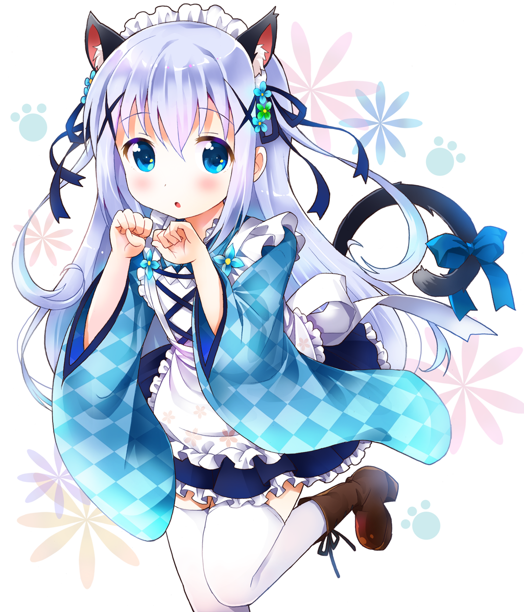 1girl animal_ears apron argyle_kimono back_bow bangs blue_bow blue_eyes blue_flower blue_hair blue_kimono blue_ribbon blue_skirt blush boots bow brown_footwear cat_ears cat_tail eyebrows_visible_through_hair flower frilled_skirt frills gochuumon_wa_usagi_desu_ka? green_flower hair_flower hair_ornament hair_ribbon hands_up highres japanese_clothes kafuu_chino kimono leg_up long_hair looking_at_viewer maid maid_headdress miniskirt open_mouth paw_pose paw_print ratryu ribbon shiny shiny_hair short_kimono simple_background skirt solo standing standing_on_one_leg tail tail_bow thigh-highs white_background white_legwear wide_sleeves x_hair_ornament