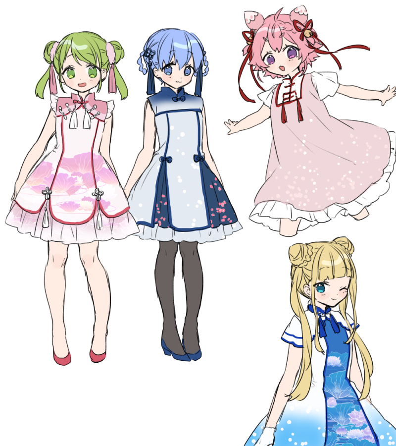 4girls :d ;) bangs bare_arms bare_shoulders bell black_legwear blonde_hair blue_dress blue_eyes blue_footwear blue_hair blush braid closed_mouth cropped_legs double_bun dress eyebrows_visible_through_hair frilled_dress frills gloves green_eyes green_hair hair_bell hair_between_eyes hair_ornament hair_ribbon hair_rings high_heels jingle_bell long_hair mononobe_alice morinaka_kazaki multiple_girls nijisanji one_eye_closed open_mouth pantyhose pink_dress pink_hair red_footwear red_ribbon ribbon shoes short_sleeves sidelocks simple_background sleeveless sleeveless_dress smile twintails ushimi_ichigo violet_eyes virtual_youtuber white_background white_gloves yamabukiiro yuuki_chihiro