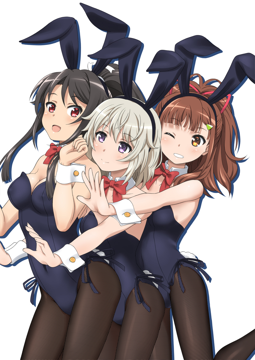 3girls animal_ears black_hair black_legwear black_leotard bow bowtie brown_eyes brown_hair bunny_girl bunny_tail bunnysuit commentary_request cowboy_shot detached_collar fishnet_pantyhose fishnets hair_ribbon high_school_fleet highres hiraizumi_(mugenkidousha) hug hug_from_behind irizaki_mei leotard long_hair matching_outfit multiple_girls pantyhose ponytail rabbit_ears red_eyes red_neckwear red_ribbon ribbon short_hair silver_hair simple_background strapless strapless_leotard tail tateishi_shima violet_eyes white_background wrist_cuffs yanagiwara_maron