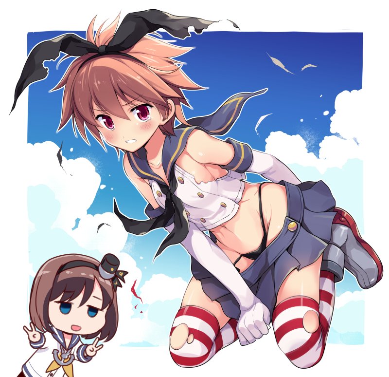 2girls anchor arm_behind_back bangs black_hairband black_neckwear black_panties black_ribbon blue_eyes blue_skirt blue_sky blush brown_hair chibi clenched_hand commentary cosplay cosplay_request crop_top day double_v eguchi_sera elbow_gloves embarrassed eyebrows_visible_through_hair feathers floating frown gloves greaves grey_footwear grimace hair_ribbon hairband hat highleg highleg_panties jitome kantai_collection looking_at_another looking_at_viewer microskirt midriff mini_hat multiple_girls navel neckerchief odawara_hakone onjouji_toki open_mouth outdoors outline outside_border panties pleated_skirt red_legwear ribbon sailor_collar saki saki_achiga-hen shimakaze_(kantai_collection) shimakaze_(kantai_collection)_(cosplay) shirt short_hair skirt sky sleeveless sleeveless_shirt smile thigh-highs torn_clothes torn_legwear underwear v violet_eyes white_gloves white_outline