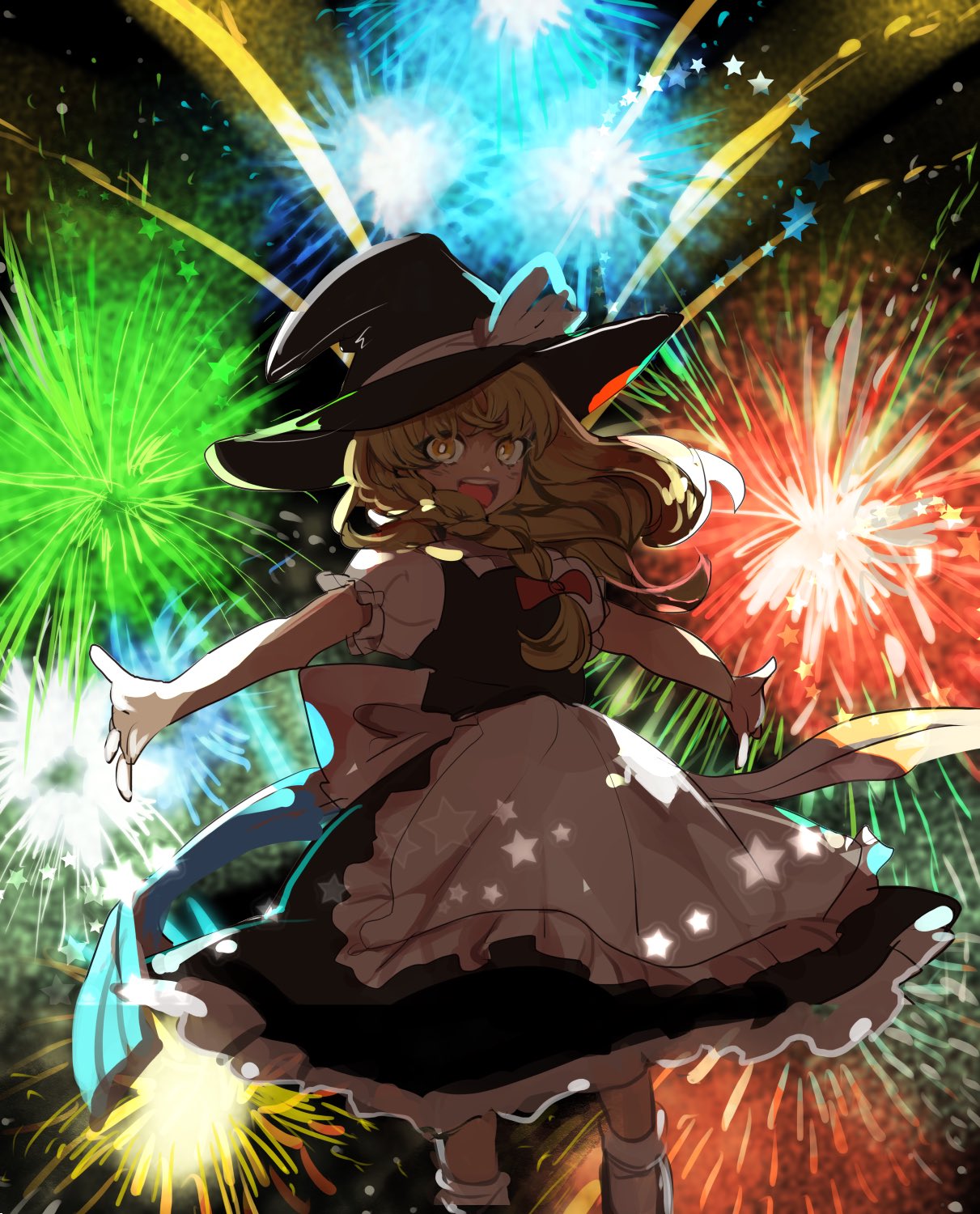 1girl :d apron backlighting bangs black_dress blonde_hair bow braid commentary_request cowboy_shot dress fireworks floating_hair frilled_apron frilled_dress frilled_sleeves frills hair_bow hat hat_bow highres joniko1110 kirisame_marisa looking_at_viewer medium_hair night open_mouth outstretched_arms outstretched_hand petticoat red_bow sash sidelocks single_braid smile solo spread_arms star touhou waist_apron white_bow white_legwear witch_hat yellow_eyes
