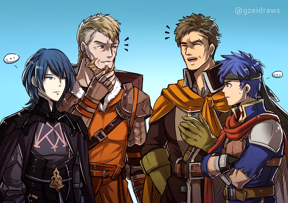 armor blue_eyes blue_hair brown_hair byleth_(fire_emblem) byleth_eisner_(male) cape father_and_son fire_emblem fire_emblem:_path_of_radiance fire_emblem:_three_houses gloves greil gzei headband ike_(fire_emblem) long_hair male_focus multiple_boys open_mouth short_hair simple_background smile upper_body white_background