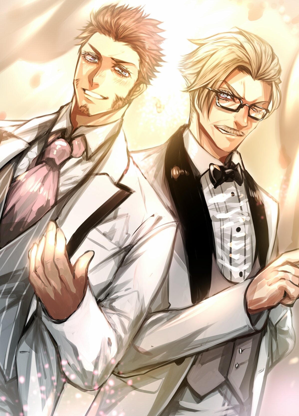 2boys beard blue_eyes blush brown_hair facial_hair fate/grand_order fate_(series) formal glasses highres james_moriarty_(fate/grand_order) long_sleeves looking_at_viewer male_focus multiple_boys mustache napoleon_bonaparte_(fate/grand_order) necktie one_eye_closed simple_background smile teeth uniform white_hair zuman_(zmnjo1440)