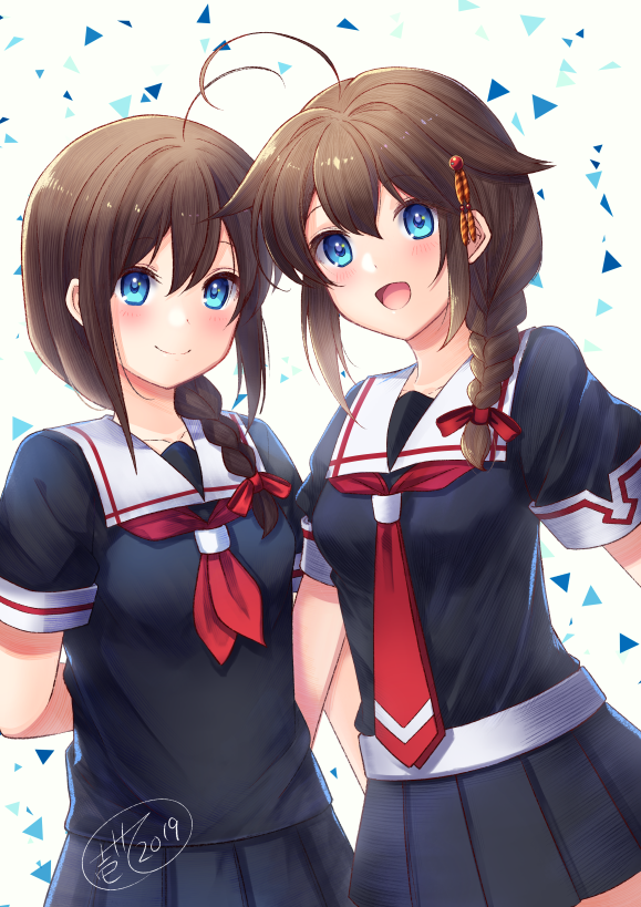2girls :d ahoge arms_behind_back bangs black_serafuku black_shirt black_skirt blue_eyes blush braid breasts brown_hair closed_mouth commentary_request cowboy_shot dated dual_persona eyebrows_visible_through_hair hair_flaps hair_ornament hair_over_shoulder hair_ribbon hairpin ittokyu kantai_collection long_hair looking_at_viewer miniskirt multiple_girls neckerchief open_mouth pleated_skirt red_neckwear red_ribbon remodel_(kantai_collection) ribbon school_uniform serafuku shigure_(kantai_collection) shirt short_sleeves signature simple_background single_braid skirt small_breasts smile tareme triangle white_background