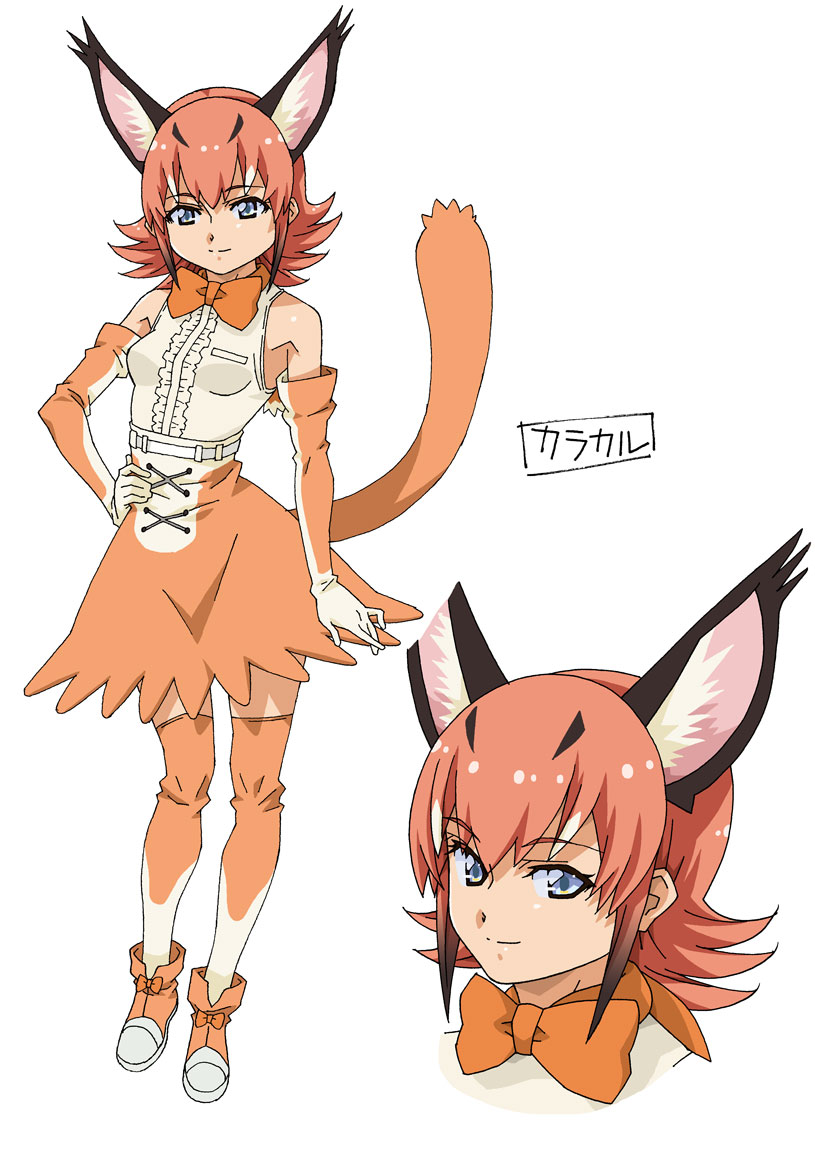 1girl amano_yoki animal_ear_fluff animal_ears bangs bare_shoulders blue_eyes boots bow bow_footwear bowtie caracal_(kemono_friends) caracal_ears caracal_tail center_frills commentary_request cross-laced_skirt elbow_gloves extra_ears eyebrows_visible_through_hair full_body gloves hand_on_hip high-waist_skirt kemono_friends looking_at_viewer multiple_views orange_bow orange_gloves orange_hair orange_legwear orange_neckwear orange_skirt shirt simple_background skirt sleeveless sleeveless_shirt smile solo thigh-highs two-tone_gloves two-tone_legwear white_background white_gloves white_legwear white_shirt