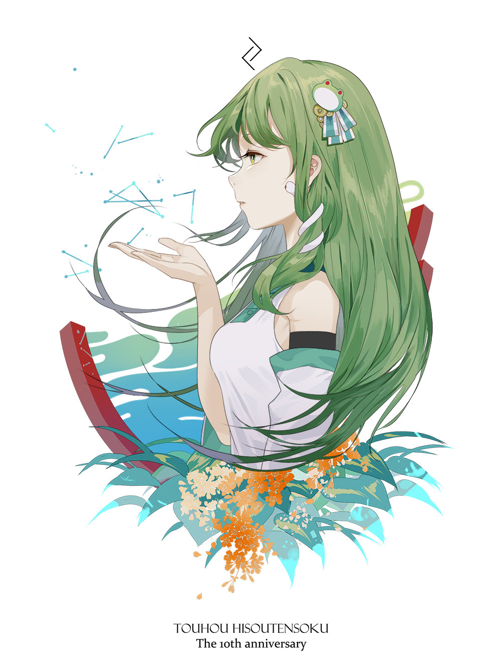 1girl bare_shoulders breasts chinese_commentary commentary_request copyright_name detached_sleeves flower frog_hair_ornament from_side green_eyes green_hair hair_ornament hand_up highres hillly_(maiwetea) kochiya_sanae leaf long_hair long_sleeves medium_breasts orange_flower profile shirt simple_background snake_hair_ornament solo touhou touhou_hisoutensoku upper_body white_background white_shirt wide_sleeves