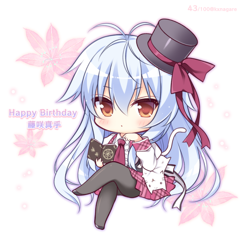1girl animal bangs black_footwear black_headwear black_legwear blue_hair blush book bow brown_eyes cat center_frills character_name chibi closed_mouth commentary_request crossed_legs eyebrows_visible_through_hair floral_background frills fujisaki_mao hair_between_eyes hanairo_heptagram happy_birthday hat hat_bow holding holding_book long_hair long_sleeves mini_hat mini_top_hat necktie open_book pantyhose plaid plaid_skirt pleated_skirt red_bow red_neckwear red_skirt ryuuka_sane shirt shoes sitting skirt solo tilted_headwear top_hat twitter_username very_long_hair white_shirt