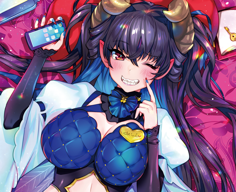 1girl bangs blue_nails blush book breasts cellphone demon_girl eyebrows_visible_through_hair grin horns key large_breasts lying ogino_atsuki on_back one_eye_closed open_book original phone purple_hair sleeves_past_wrists smartphone smile solo twintails