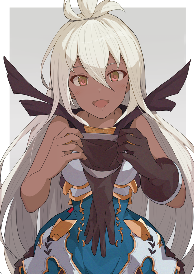 1girl ahoge armor armored_dress bangs bare_shoulders blue_dress blush border breastplate breasts brown_gloves dark-skinned_female dark_skin dress gloves gloves_removed granblue_fantasy grey_background hair_between_eyes hinami_(hinatamizu) long_hair looking_at_viewer medium_breasts open_mouth red_eyes smile solo white_border white_hair zooey_(granblue_fantasy)