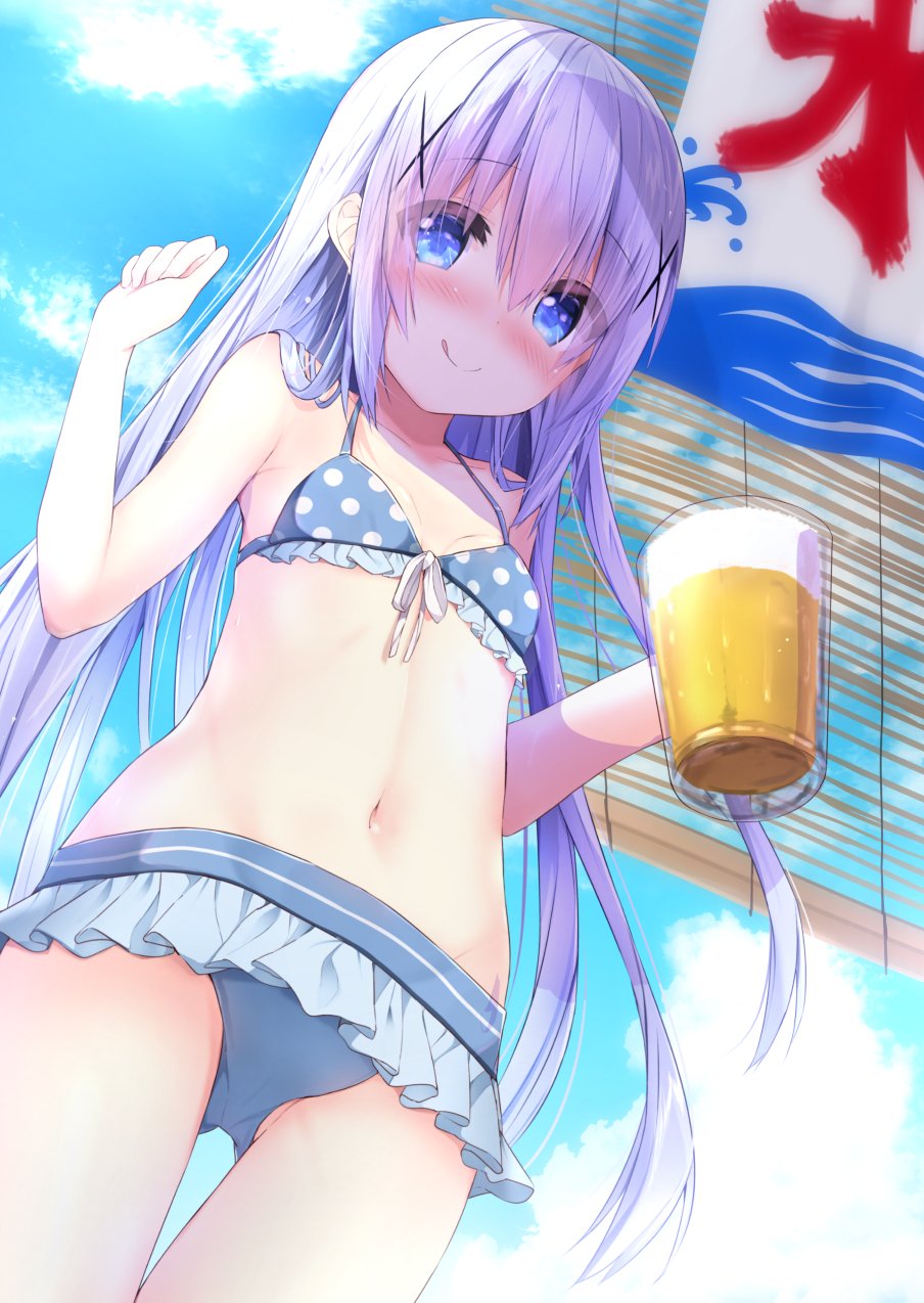 1girl :q alcohol ass_visible_through_thighs bangs bare_arms bare_shoulders beer beer_mug bikini blue_bikini blue_eyes blue_sky blush breasts closed_mouth clouds cloudy_sky collarbone commentary_request cup day eyebrows_visible_through_hair foam gochuumon_wa_usagi_desu_ka? hair_between_eyes hands_up highres holding holding_cup kafuu_chino kooribata kouda_suzu long_hair looking_at_viewer outdoors polka_dot polka_dot_bikini_top purple_hair sky small_breasts smile solo swimsuit thigh_gap tongue tongue_out very_long_hair